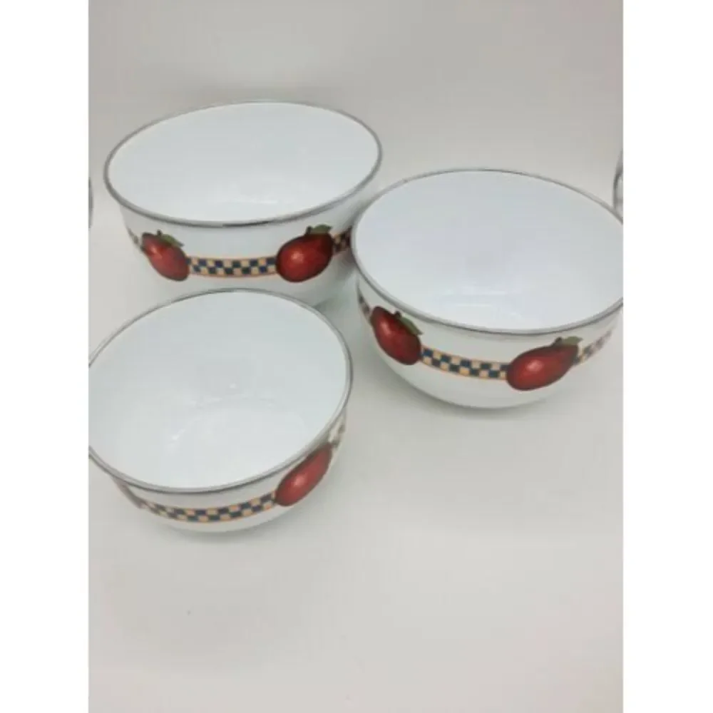 Set of 3 Retro Enamel Metal Nesting Bowls - Fruit Apples Checkered 🍎🍏